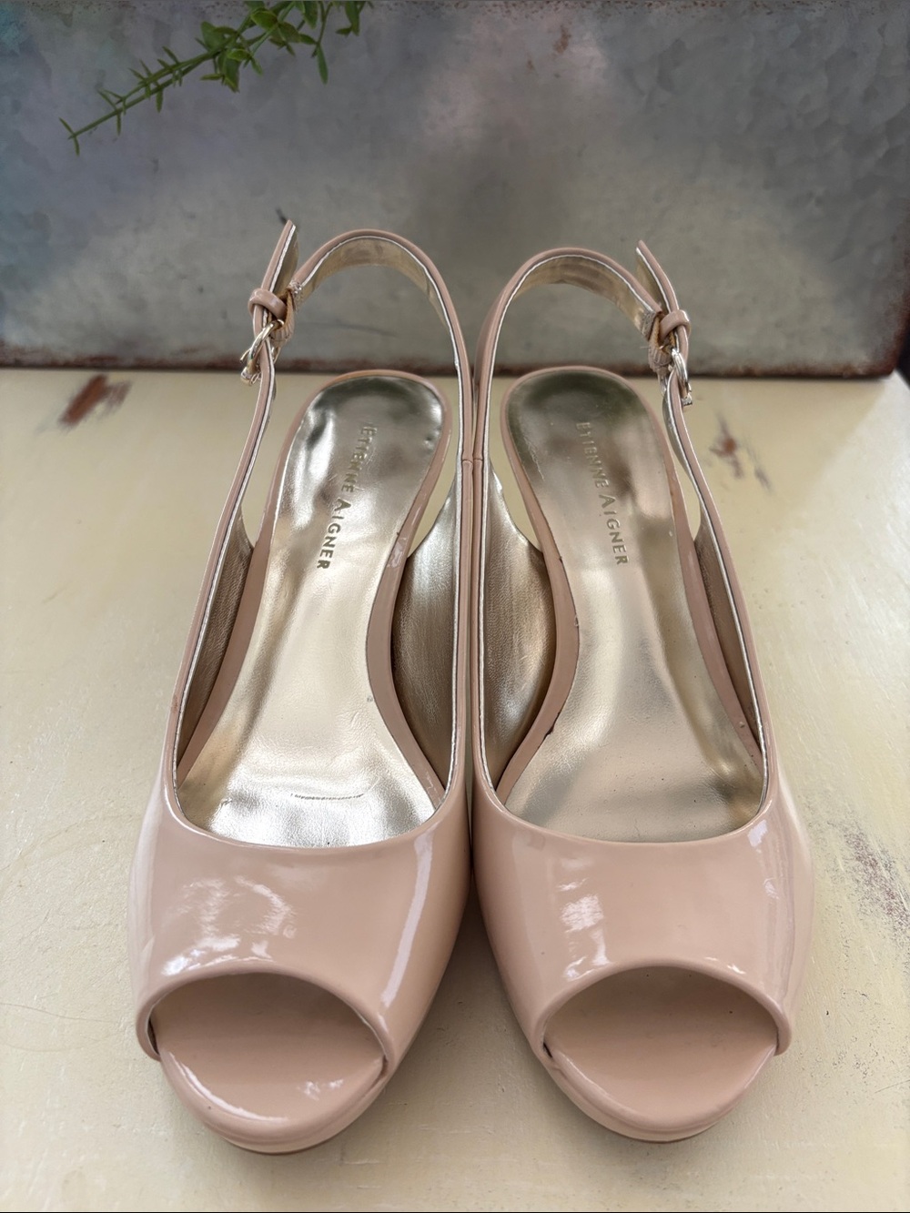 Etienne Aigner Sling Back Faux Leather Womens 7 Odelia Shoes High Heels Nude